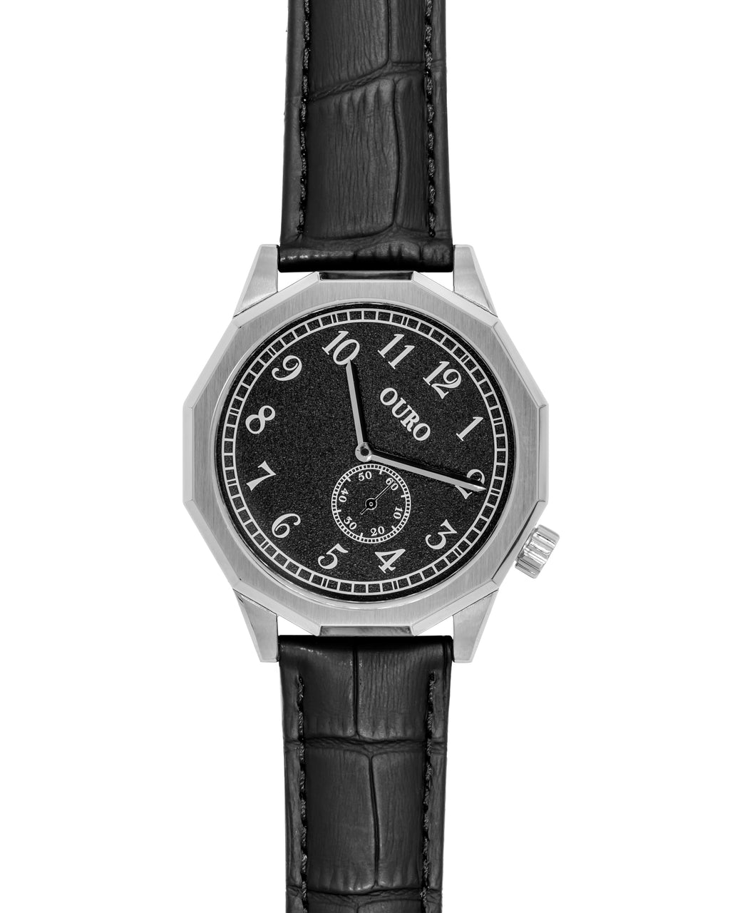 Driver’s watch OURO RW-001 boîtier dodécagonal (à 12 cotés) en acier avec cadran noir grainé décalé à 45° et bracelet cuir noir embossé crocodile.