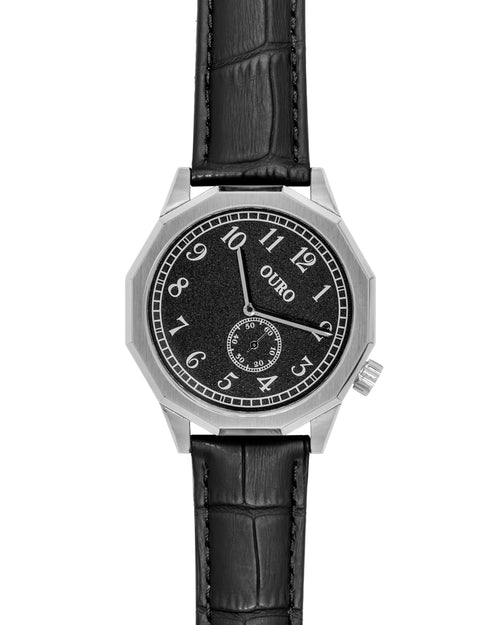 Driver’s watch OURO RW-001 boîtier dodécagonal (à 12 cotés) en acier avec cadran noir grainé décalé à 45° et bracelet cuir noir embossé crocodile.