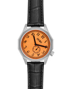Driver’s watch OURO RW-003 boîtier dodécagonal (à 12 cotés) en acier avec cadran orange grainé décalé à 45° et bracelet cuir noir embossé crocodile.