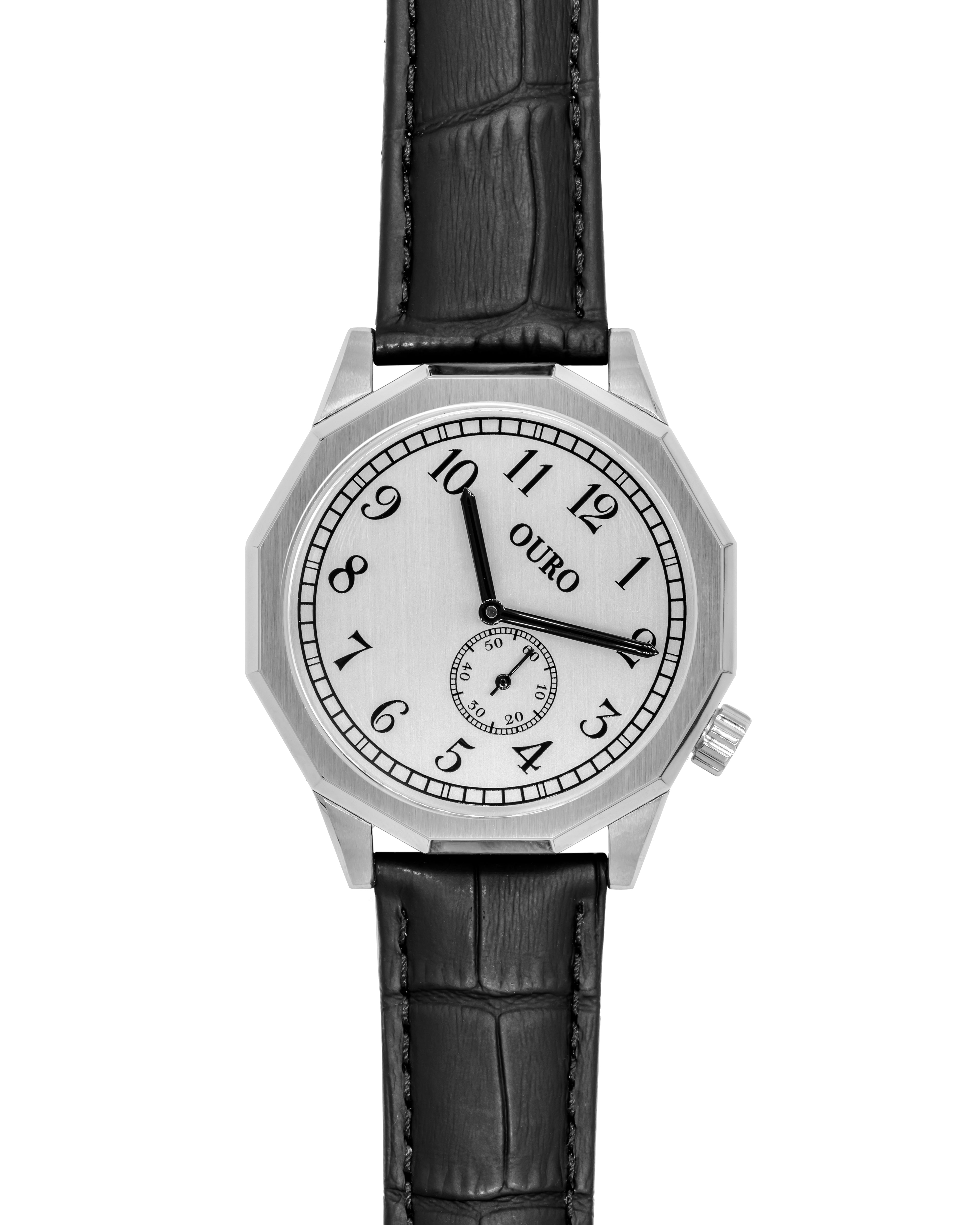 Driver’s watch OURO RW-002 boîtier dodécagonal (à 12 cotés) en acier avec cadran inox brossé décalé à 45° et bracelet cuir noir embossé crocodile.