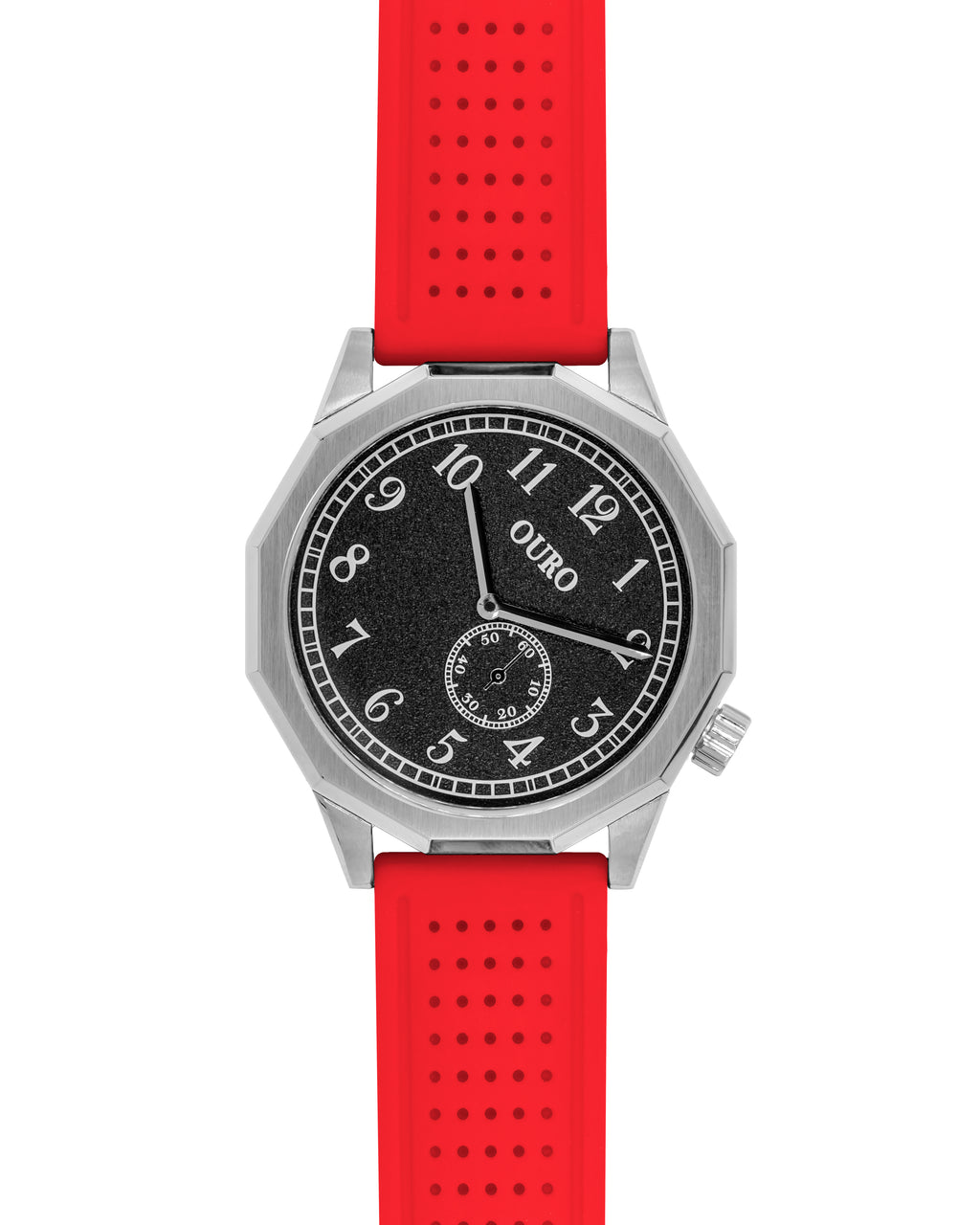 Driver’s watch OURO RW-001 boîtier dodécagonal (à 12 cotés) en acier avec cadran noir grainé décalé à 45° et bracelet en silicone rouge perforé.