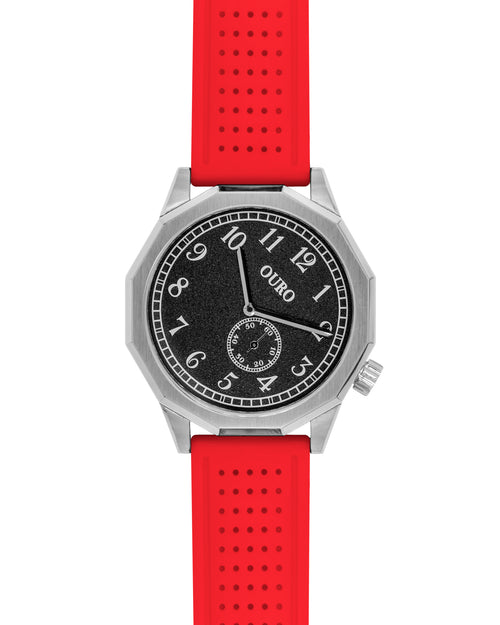 Driver’s watch OURO RW-001 boîtier dodécagonal (à 12 cotés) en acier avec cadran noir grainé décalé à 45° et bracelet en silicone rouge perforé.