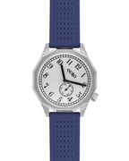 Driver’s watch OURO RW-002 boîtier dodécagonal (à 12 cotés) en acier avec cadran inox brossé décalé à 45° et bracelet en silicone bleu marine perforé.