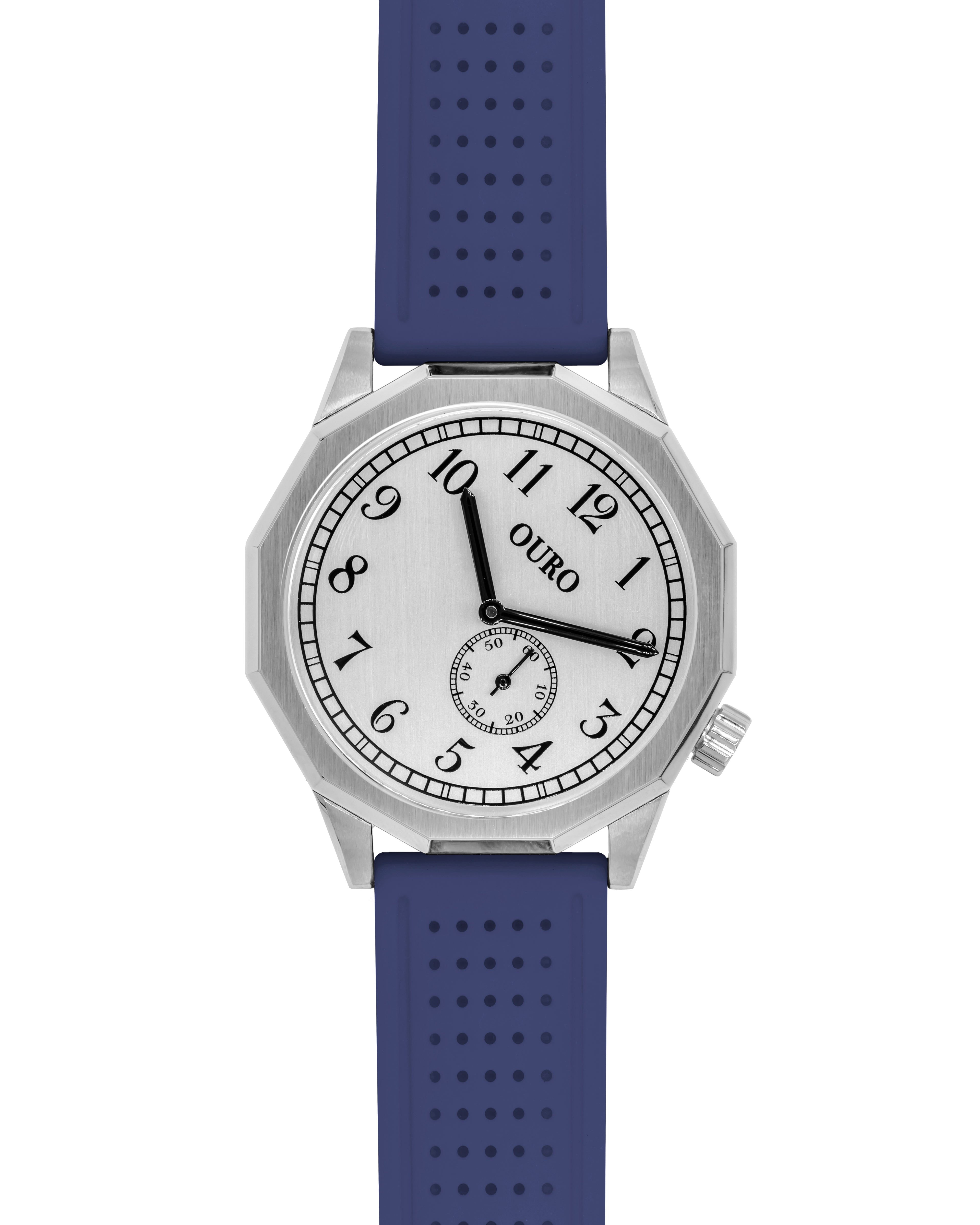 Driver’s watch OURO RW-002 boîtier dodécagonal (à 12 cotés) en acier avec cadran inox brossé décalé à 45° et bracelet en silicone bleu marine perforé.