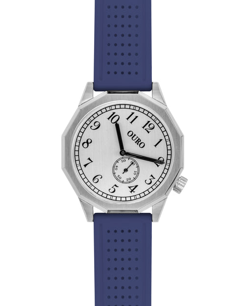 Driver’s watch OURO RW-002 boîtier dodécagonal (à 12 cotés) en acier avec cadran inox brossé décalé à 45° et bracelet en silicone bleu marine perforé.