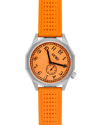 Driver’s watch OURO RW-003 boîtier dodécagonal (à 12 cotés) en acier avec cadran inox orange grainé à 45° et bracelet en silicone bleu marine perforé.