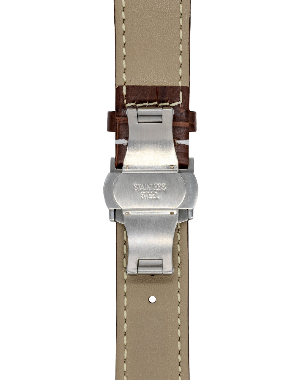 Vue intérieure de la boucle déployante en acier brossé montée sur le bracelet Grand Tourisme.