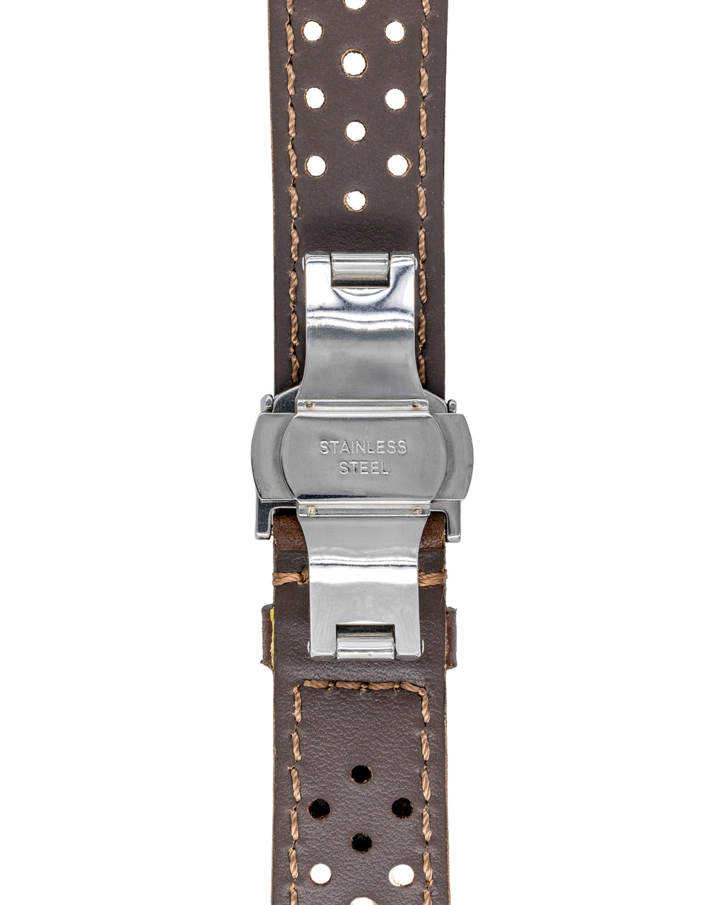 Vue intérieure de la boucle déployante en acier polie montée sur le bracelet Rallye.