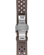 Vue intérieure de la boucle déployante en acier polie montée sur le bracelet Rallye.