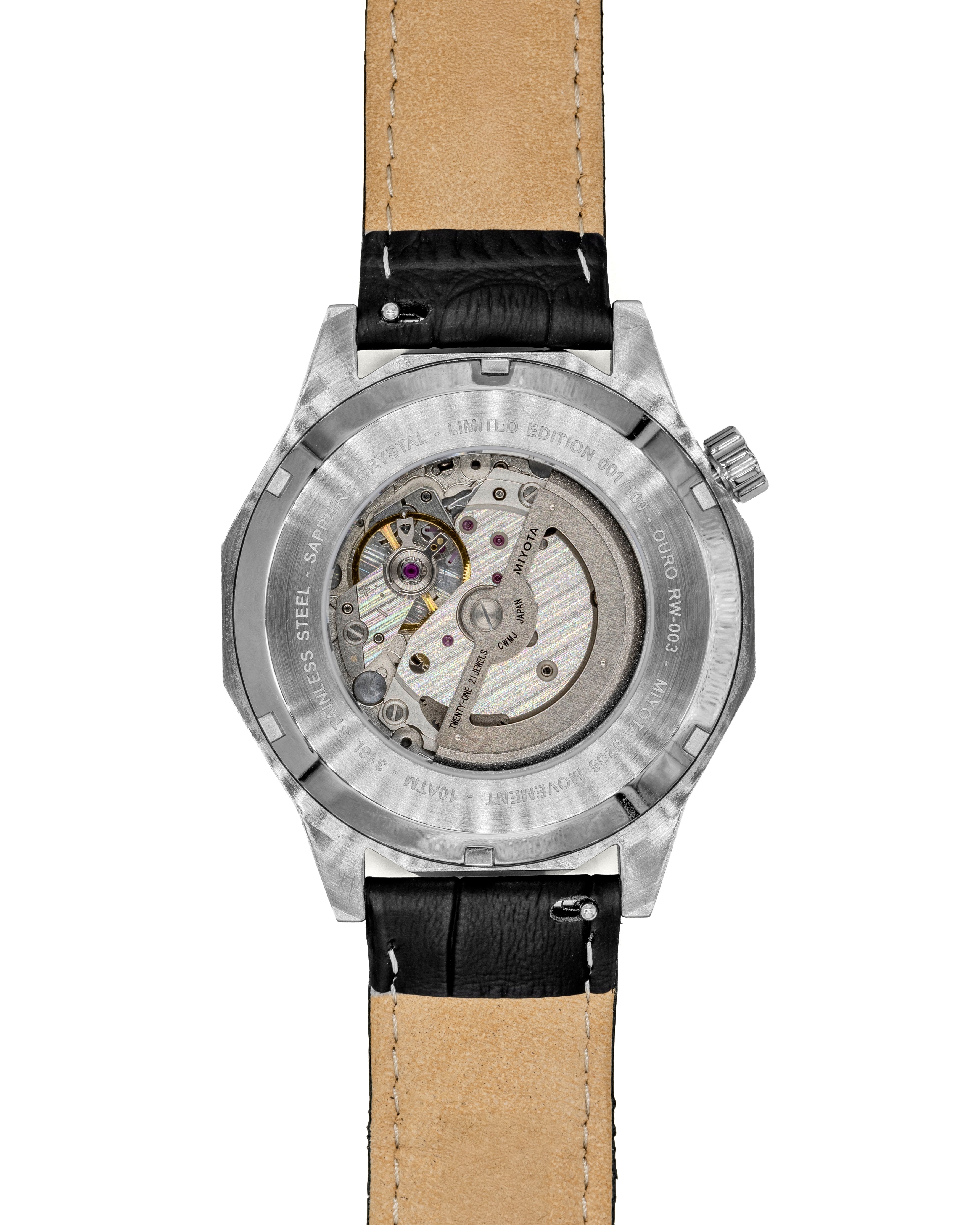Dos du boitîer de la montre OURO RW-003 avec verre saphir laissant apparaitre le mouvement automatique Miyota et la masse oscillante.