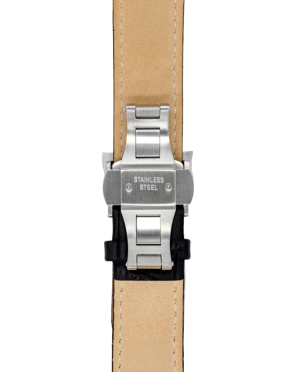 Détail de la boucle déployante en acier brossé du bracelet en cuir de la montre OURO RW-003. 