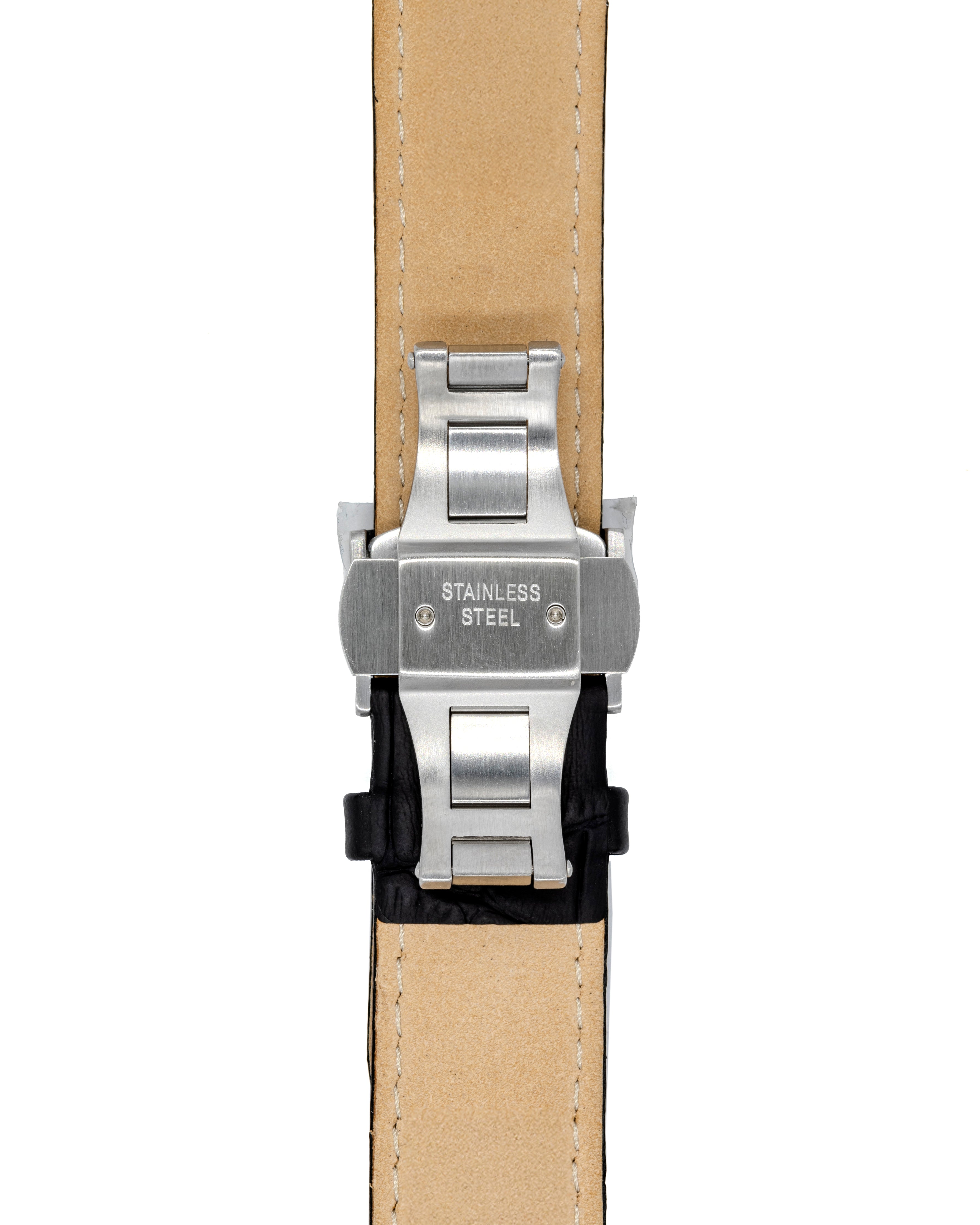 Détail de la boucle déployante en acier brossé du bracelet en cuir de la montre OURO RW-003. 